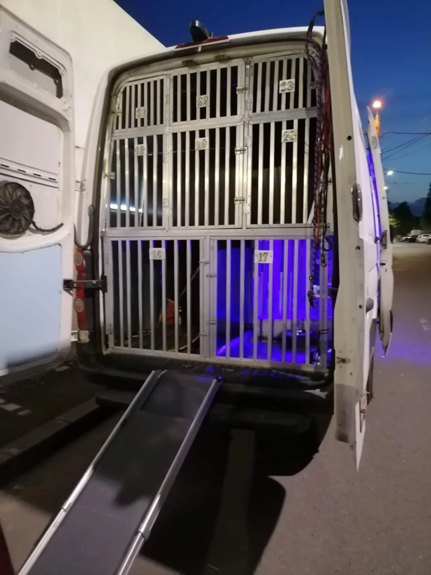 Transportbilens hundburar står redo för nästa resa