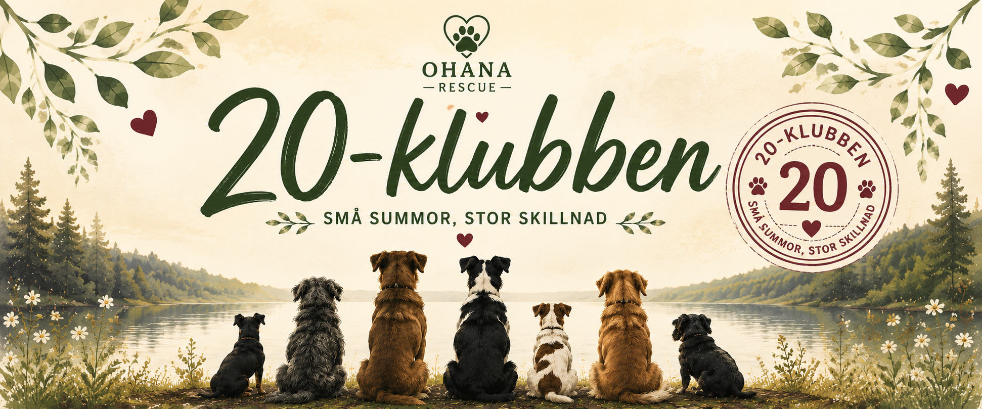 20-klubben – små summor, stor skillnad. Sju hundar blickar ut över en sjö.