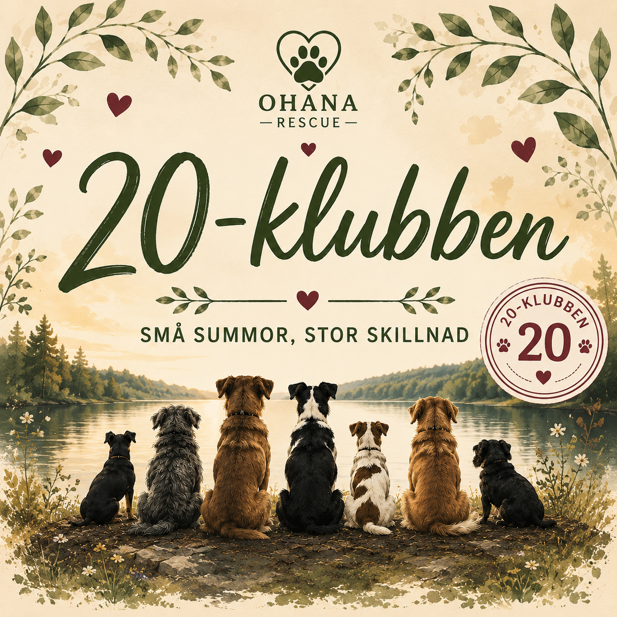 Illustration för Ohana Rescue 20-klubben med hundar vid en sjö