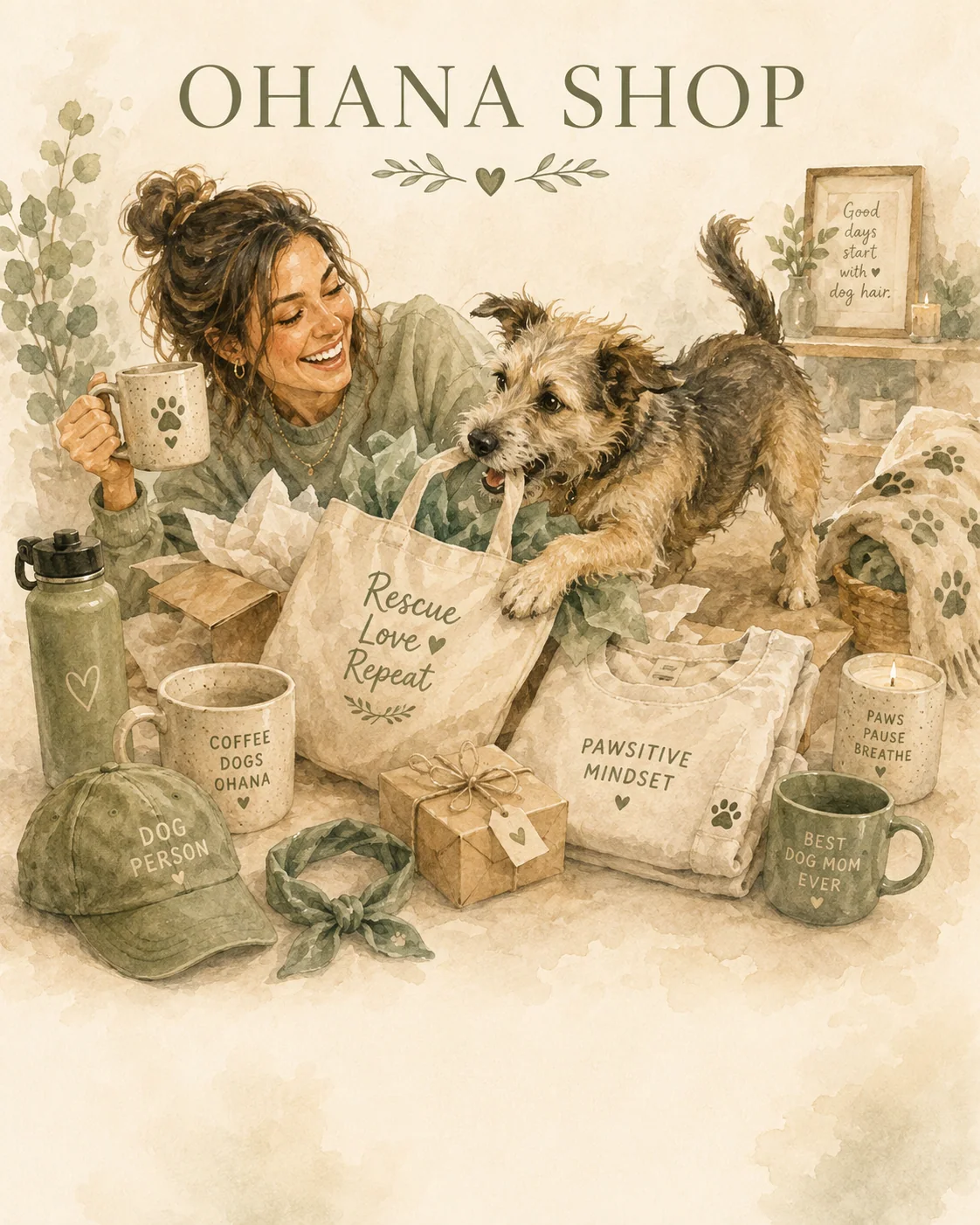 Vattenmålad Ohana Shop-scen med hund, hundmänniska och produkter