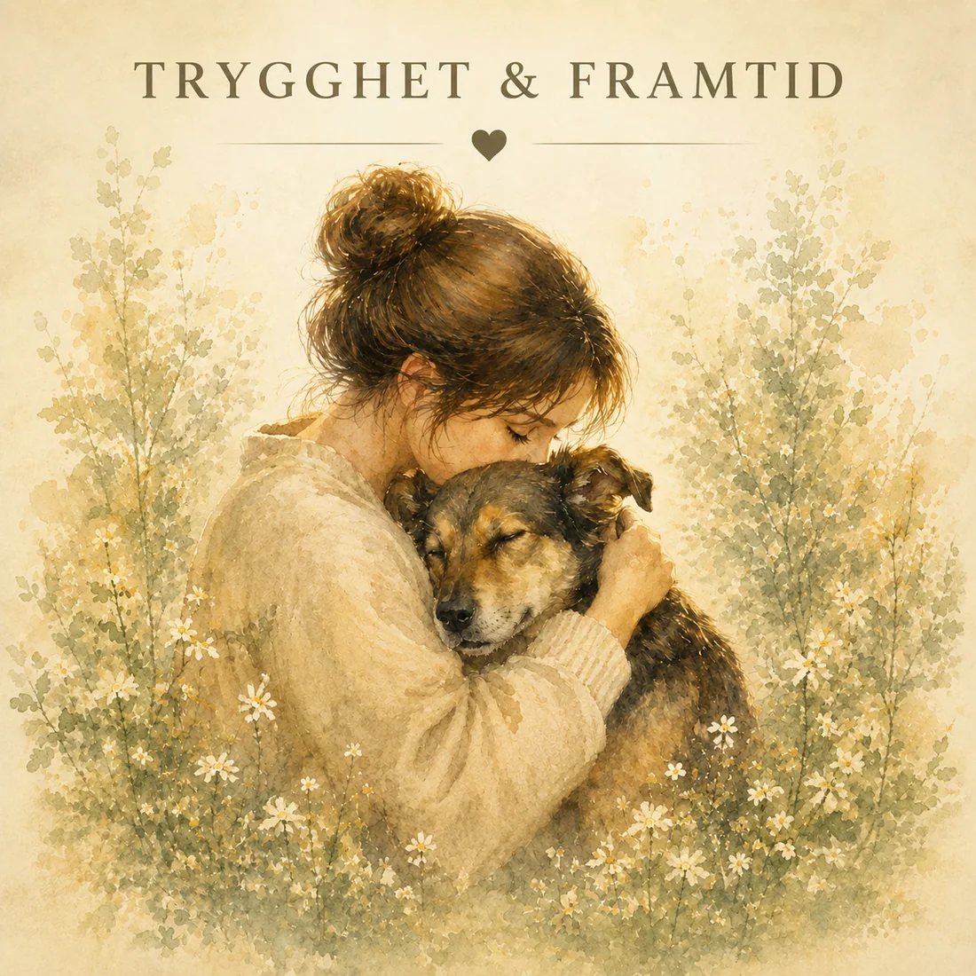 Vattenmålad illustration av en kvinna som håller om en trygg hund